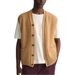 GANT Men Tan Sweater Vest Size Large Wool Button-Up Classic Modern Contemporary